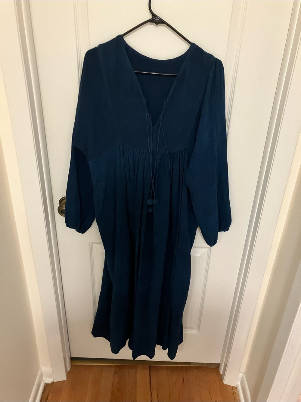 Women's cotton Deep indigo V-Neck Long Sleeve Midi Dress